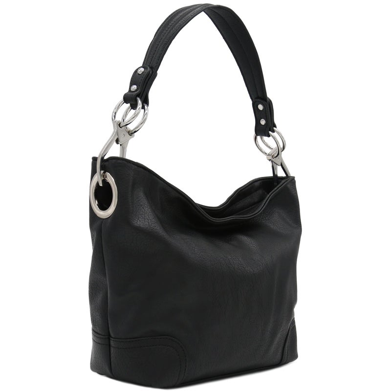 Alyssa Hobo Shoulder Bag with Big Snap Hook Hardware (Black) - Image 1